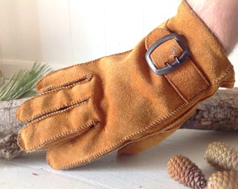 Mens Vintage Leather Work Gloves|Mid Century Mens Leather Gloves|Tan Leather Mens Gloves|Mens Leather Crown Craft Gloves|Mens Winter Gloves
