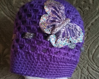 Women's/Teens Crochet Beanie Hat with Butterfly Applique - SEE VIDEO