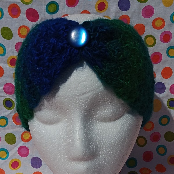 Women's Adult Ear Warmer Fashion Headband Blue Green Jewel Tone with Button - Seahawks Inspired