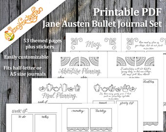 May include: Printable PDF bullet journal set featuring Jane Austen quotes and illustrations. The set includes 53 themed pages and stickers. The pages are customizable and fit half-letter or A5 size journals.