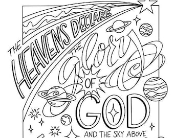 The Heavens Declare coloring page / Bible Quote /  PDF printable download