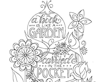 Book Garden Coloring Page Planner Bullet Journal Insert Instant Download Printable PDF Reading Quotes