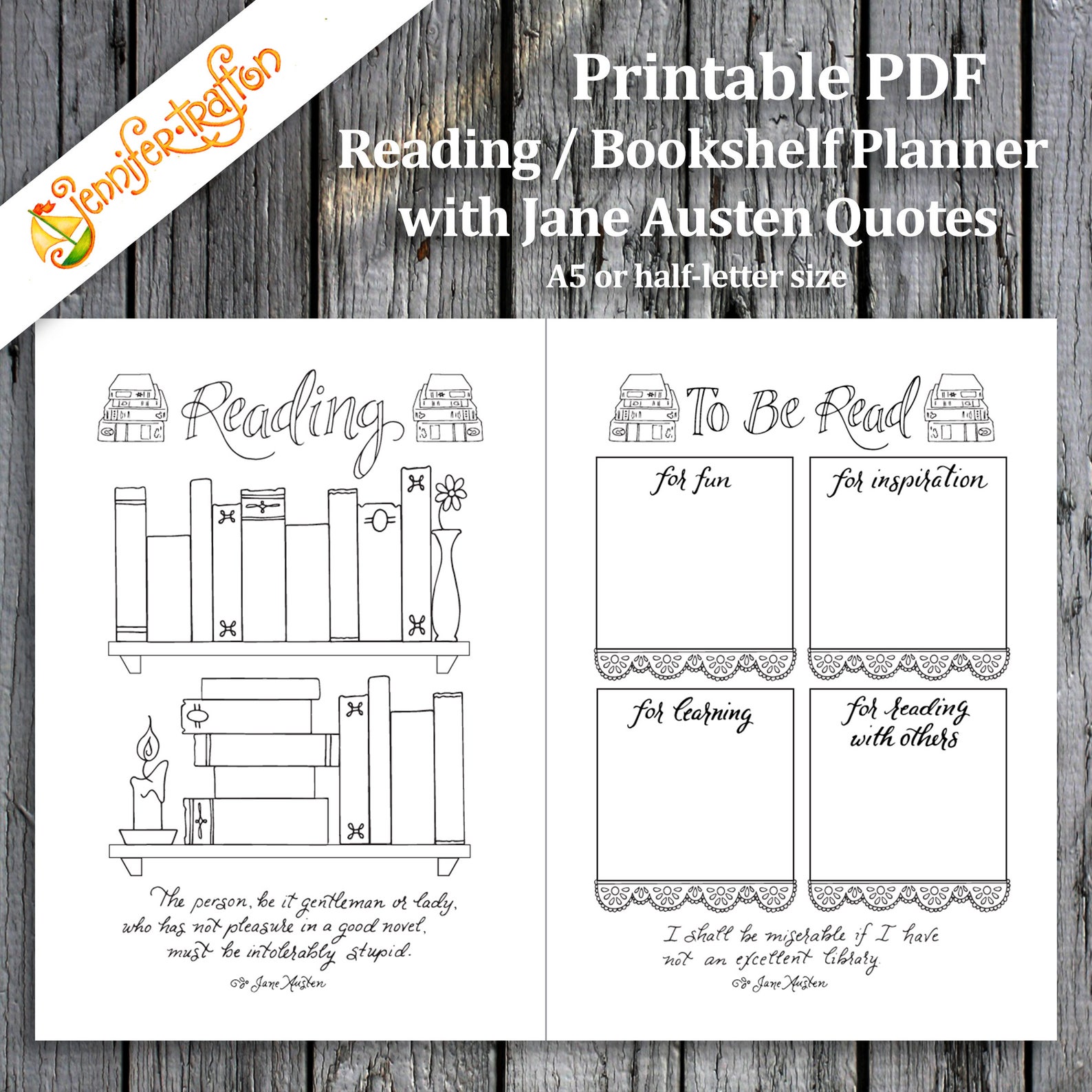 Reading Bookshelf Bullet Journal Spread / Jane Austen Quotes / Etsy