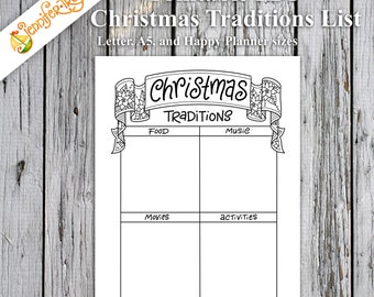 Christmas Traditions / Bullet Journal Planner Insert Instant Download Printable PDF