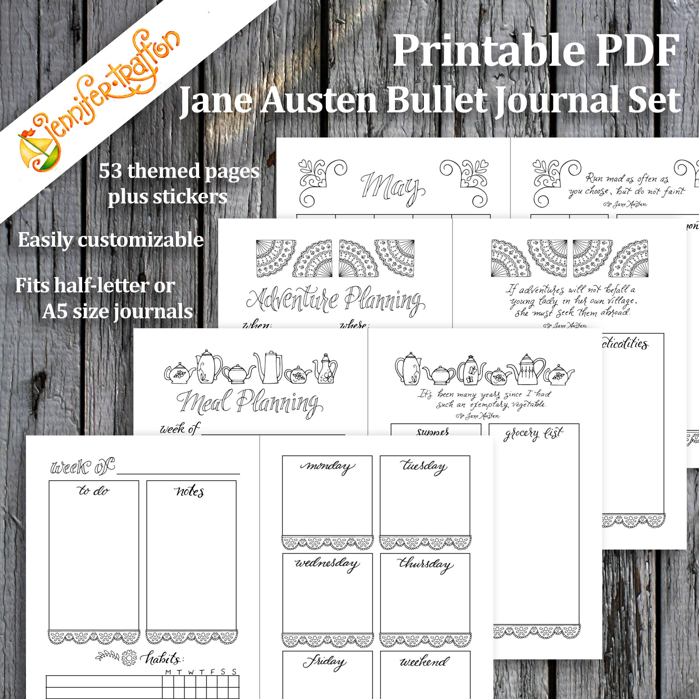 Jane Austen Bullet Journal Planner Set / Instant Download Printable PDF  Inserts Hand Lettered Hand Drawn Template Quotes Stickers Coloring
