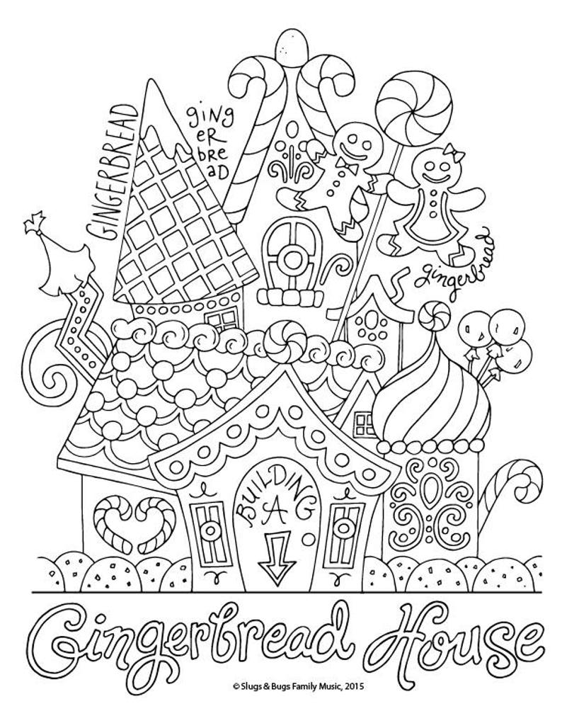 K&ouml;nnte beinhalten: Eine Schwarzwei&szlig;-Zeichnung eines Lebkuchenhauses mit Zuckerstangen-Akzenten. Das Haus hat ein Schild mit der Aufschrift "Building a Gingerbread House".