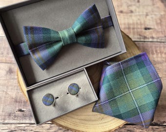 Isle of Skye Tartan Bow Tie: Tartan Cufflinks. Scottish Wool Pre-Tied Neckwear