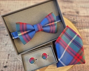 Edinburgh Tartan Wool Bow Tie, Cufflinks, Pocket Square Set