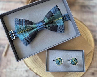 Gordon Clan Tartan Wool Bow Tie and Cufflinks Set: Scottish Neckwear