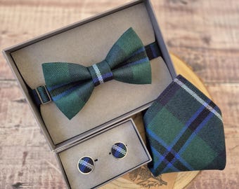 Douglas Tartan Wool Bow Tie, Pocket Square, Cufflinks Set: Scottish Neckwear