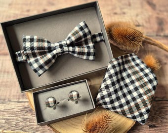 Burns Check Tartan Wool Bow Tie: Cufflinks, Pocket Square. Scottish wool Neckwear