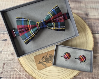 Stewart Black Tartan Wool Bow Tie: Tartan Cufflinks. Pocket Square. Scottish Neckwear