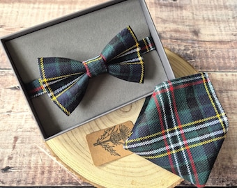 Scott Tartan Wool Bow Tie Set: Modern Clan Green Neckwear, Pocket Square, Cufflinks