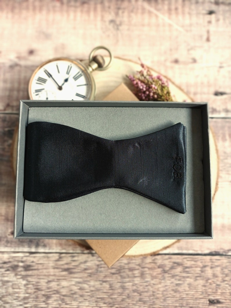 Personalised Black Bowtie. Men's self tie black Bowtie. Monogrammed bowtie. Groomsmen Bowties. Wedding bowtie/Men's neckwear/Wedding attire. image 8