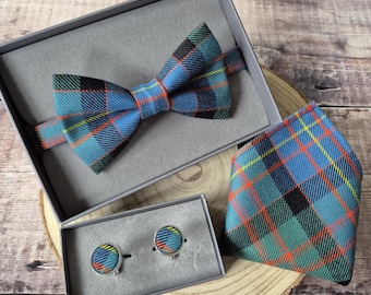 Cameron Tartan Wool Bow Tie: Tartan Cufflinks. Pocket Square. Scottish Clan Neckwear