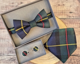 MacLeod Tartan Wool Bow Tie, Pocket Square, Cufflinks Set