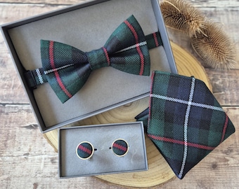 Robertson Tartan Wool Bow Tie: Robertson Cufflinks. Pocket Square. Scottish Clan Neckwear