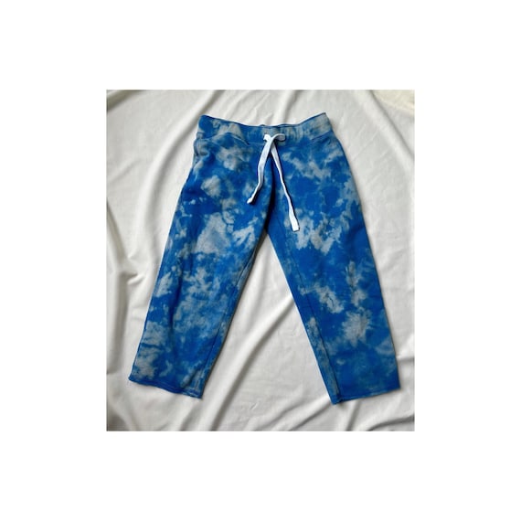 Womens Small Capri Sweatpants, Reverse Tie Dye Blue, Bleached