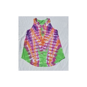 May include: A tie-dye tank top with a green, orange, pink, and purple color scheme. The tank top has a scoop neck and a curved hem.