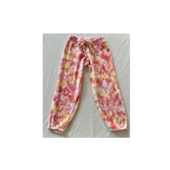 Womens Small Tie Dye Capri Sweatpants, Yellow Pink Coral Orange