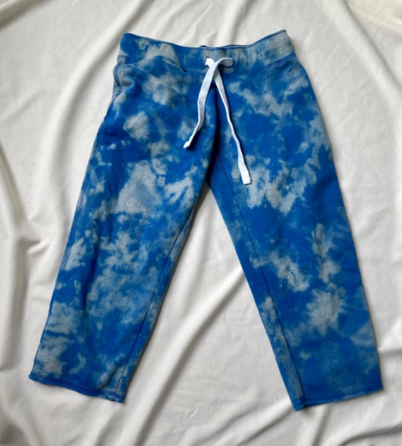 Womens Small Capri Sweatpants, Reverse Tie Dye Blue, Bleached Pants, Gift  for Her, HA1719 