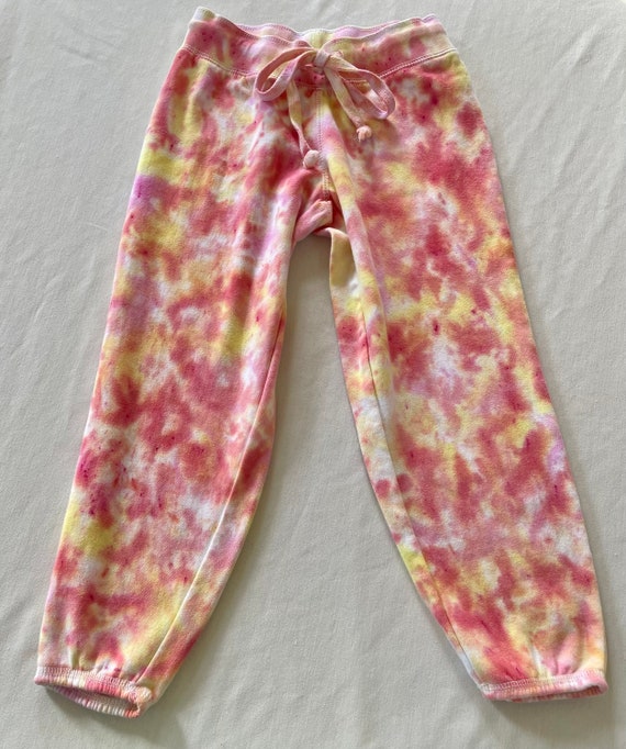Womens Small Tie Dye Capri Sweatpants, Yellow Pink Coral Orange