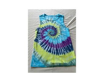 Boys large 10/12 husky, boys tie dye tank top, yellow navy blue purple spiral, Hippie Kids gift, HA1804