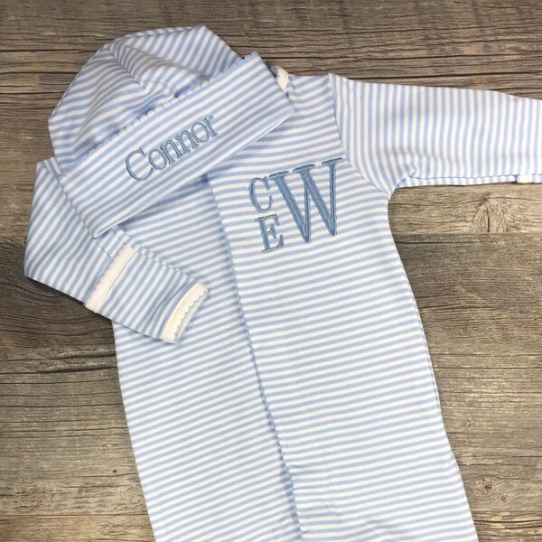 Baby Boy Coming Home Outfit, Personalized Infant Baby Footie and Hat, Monogrammed Baby Boy, Baby Shower Gift, Newborn Pictures, Preemie