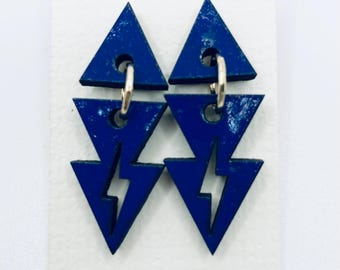 Cobalt Xpress Earrings – Blue Triangle Bolt Dangles – Punk Geometric Statement Jewelry – Bold Graphic Earrings by Arqlobe