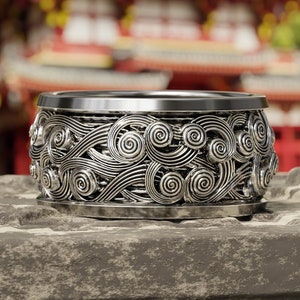 Japanese Lotus Flower Kanji Ornamental Wedding Men&#39;s Band Ring, Sterling Silver Japanesse Jewelry, Lotus Flower Kanji Men Ring, Ring For Men