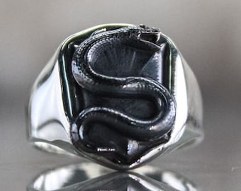 Sterling Silver Snake Ring, 3D Serpent Signet with Scaled Detail