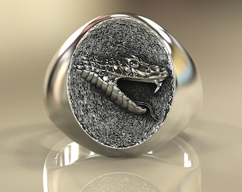 Sterling Silver Snake Signet Ring, Mens Pinky Serpent Jewelry, Chunky.