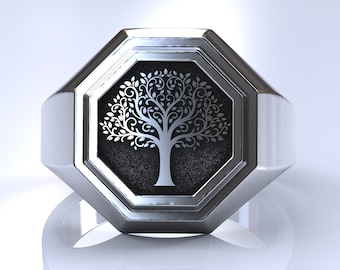 Sterling Silver Tree of Life Signet Ring featuring Kabbalah Tree of Life also called Yggdrasil Norse Tree of the Worlds design.