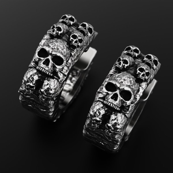 Boucles d'oreilles grosses têtes de mort, créoles en argent sterling 925, boucles d'oreilles tête de mort, têtes de mort argentées, cerceaux huggie, oreille huggis, boucle d'oreille homme, boucles d'oreilles femme,