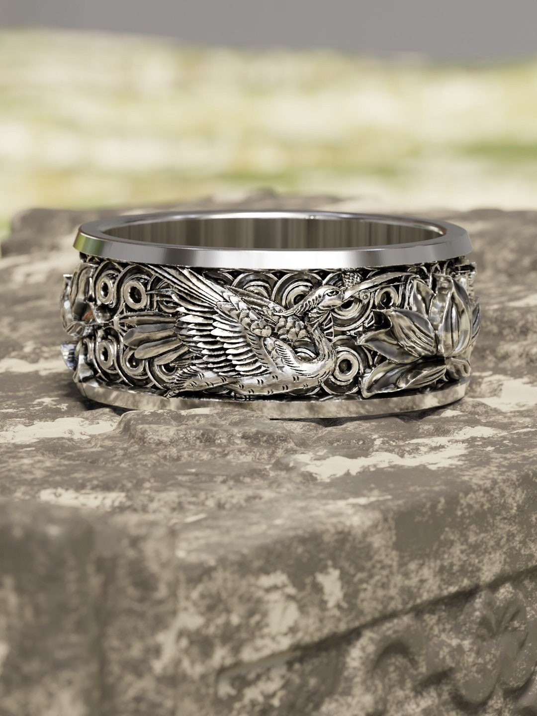 Japanese Lotus Flower Kanji Ornamental Wedding Men's Band Ring
