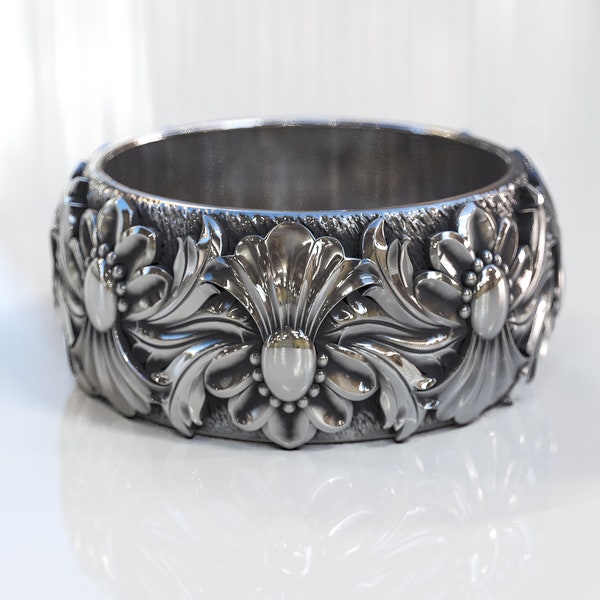 Carved Leaf Men’s Silver Promise Band - Oxidized Rococo Men’s Wedding Ring - Sterling Floral Engagement Ring