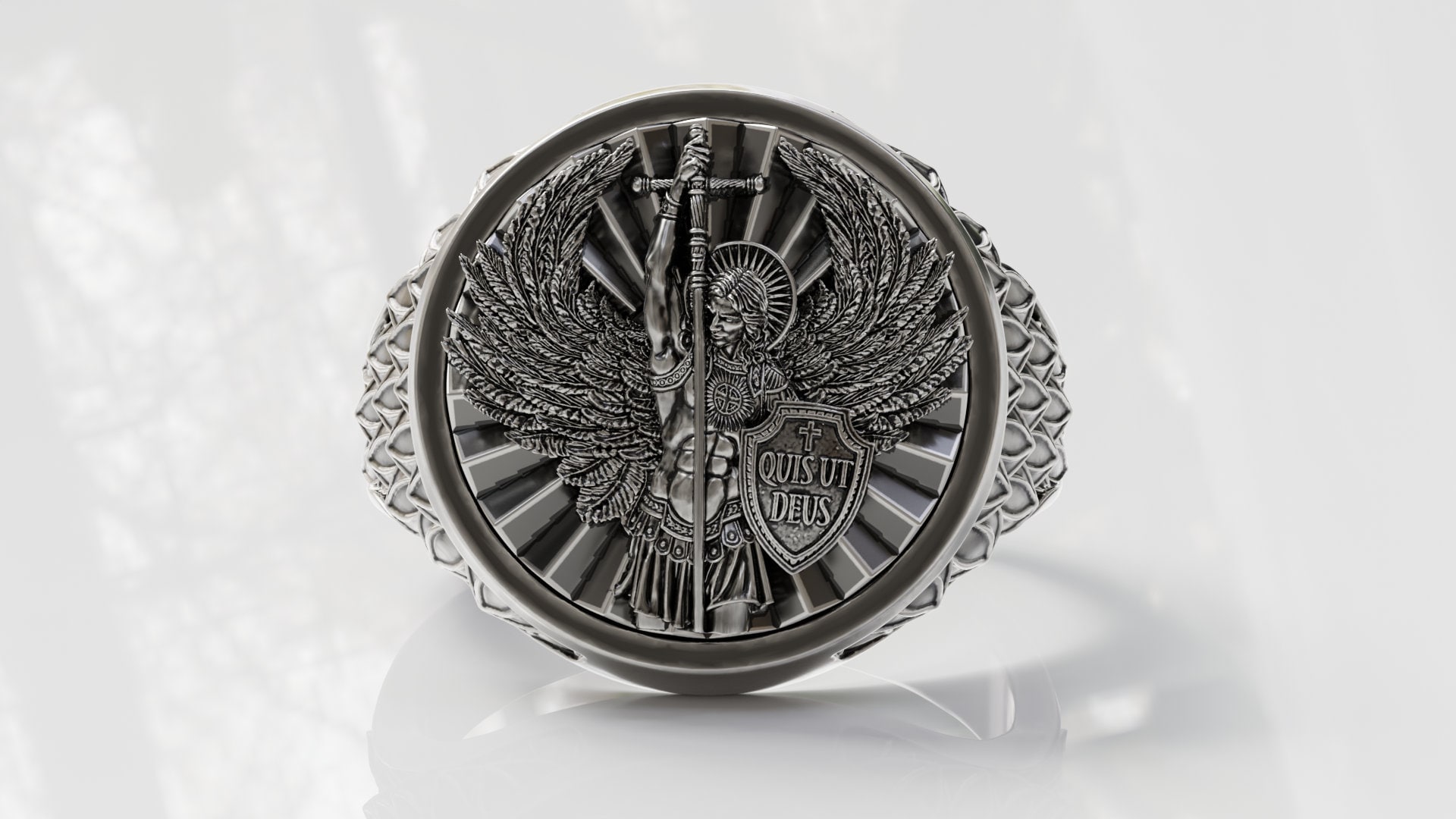 Anello San Michele Arcangelo Con Ala E Zodiaco - Argento 925 Fatto A Mano - Disponibile Misure 5-15 US