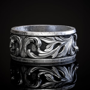 Anillo de compromiso de plata con motivo de hoja tallada, adorno rococó oxidado, anillo de boda para hombre en plata de ley, anillo de compromiso floral.