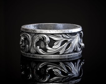 Carved Leaf Motif Promise Men Band Silver Ring, Oxidized Rococo Ornament Men's Wedding Band Ring in Sterling Silver, Floral Engagement Ring