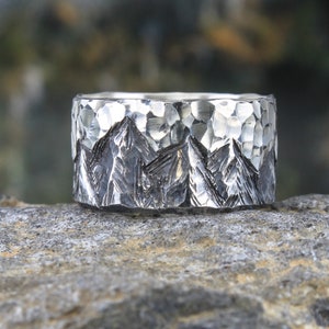 Mountain Band Ring For Men in Sterling Silver, Nature Wedding Ring to Family, Engraved Engagement Ring, Unique Promise Ring, Birthday Gift