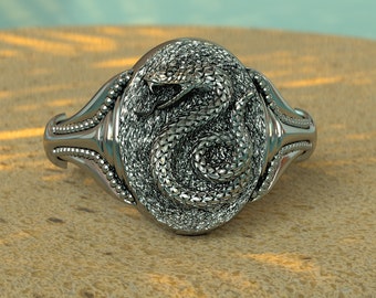 May include: A silver ring with a detailed snake design on the face. The snake is coiled and has a textured, scaly appearance.