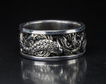 Japanese band ring with carp and waves, Japanese ring with koi fish, Best Friend ring, and a valuable Memorial Gift