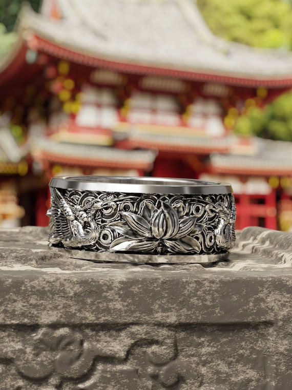 Japanese Lotus Flower Kanji Ornamental Wedding Men's Band