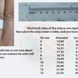 May include: A ruler with markings in centimeters and inches, showing a measurement of 1.7 cm.  Instructions for measuring ring size are provided, along with a chart showing US ring sizes, corresponding diameters in centimeters, and circumferences in centimeters.