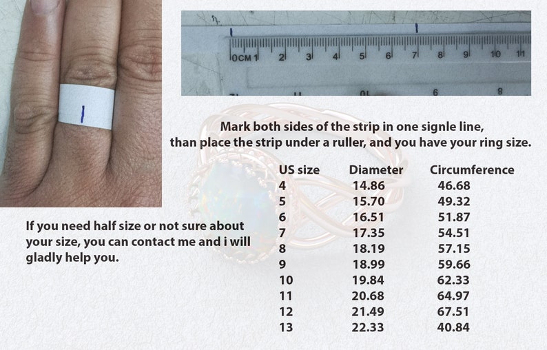 May include: A ruler with markings in centimeters and inches, showing a measurement of 1.7 cm.  Instructions for measuring ring size are provided, along with a chart showing US ring sizes, corresponding diameters in centimeters, and circumferences in centimeters.