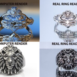 May include: Two silver rings, one with a Celtic knot design and the other with a lion head design. The rings are shown in both computer-rendered and real-life images.