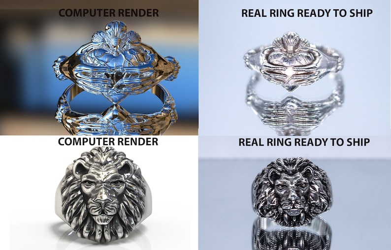 May include: Two silver rings, one with a Celtic knot design and the other with a lion head design. The rings are shown in both computer-rendered and real-life images.