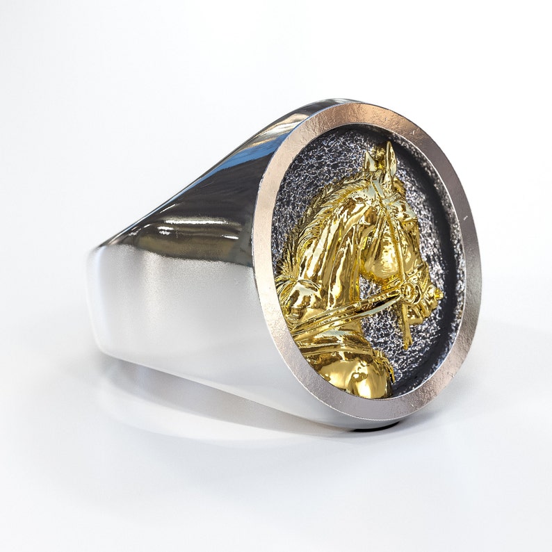 K&ouml;nnte beinhalten: Ein silberner Ring mit einem goldenen Pferdekopf-Design. Der Pferdekopf ist in Relief und hat einen strukturierten Hintergrund.