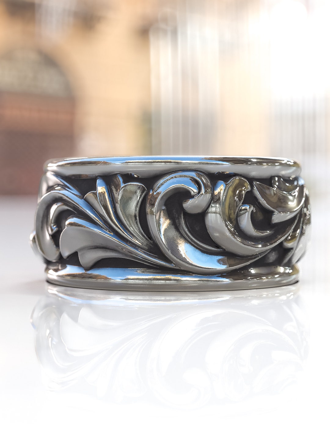 Men's Rings Leaf Pattern Carved Leaf Motif Promise Men Band Silver Ring, Oxidized Rococo ...