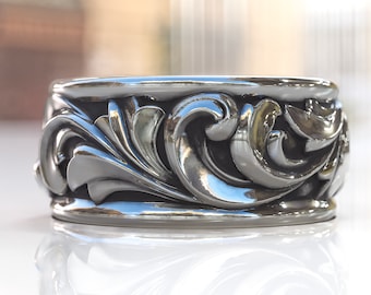 Carved Leaf Ring, Men's Wedding Band in Sterling Silver, Floral Engagement Ring